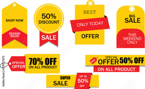A collection of yellow and red sale tags advertising various discounts and special offers.