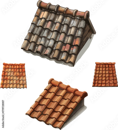 set of rooftile in color style isolated on white, set of builder's tools in color style