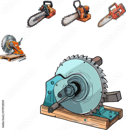 Chainsaw set in color style, carpentry tools set no background 