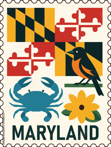 USA Maryland landmark postage stamp Clipart, Retro Sunset Maryland tourism place, Maryland cityscape postcard graphic, journey sights of countries Stamp

