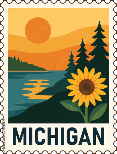 USA Michigan landmark postage stamp Clipart, Retro Sunset Michigan tourism place, Michigan cityscape postcard graphic, journey sights of countries Stamp
