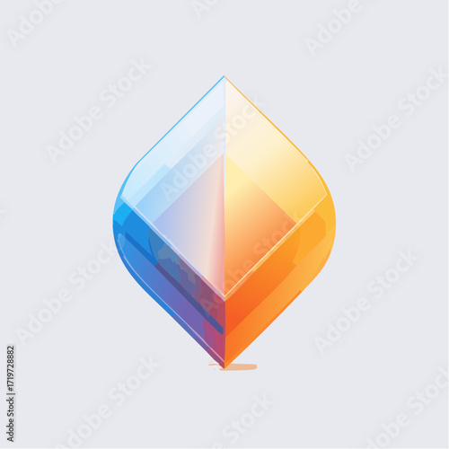 3D rendered object with colorful blue, purple, orange, and yellow gradient on a white background, showcasing a shiny reflective surface with sharp angles and a subtle shadow underneath.