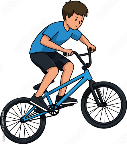 Illustration of a boy with jumping with an acrobatic bicycle, isolated on white background
