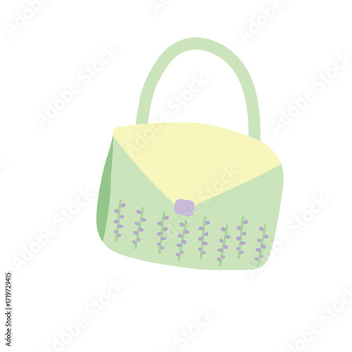 A pastel-colored sling bag with a lavender motif. A cute and pretty mini bag logo. A pastel green handbag.