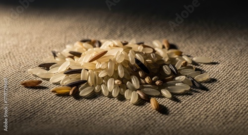 A close-up showcasing a vibrant mix of wild rice grains highlighting texture and variety under