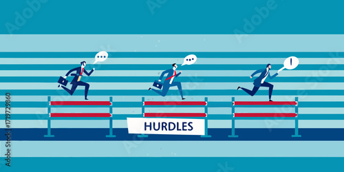 Businessmen overcoming obstacles and challenges by jumping over hurdles in a race
