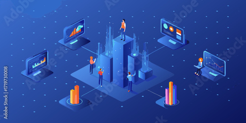 Isometric illustration of business people analyzing data and charts on futuristic digital screens and platforms