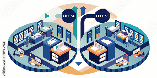 Isometric illustration of two contrasting office environments representing different operational workflows and efficiency levels