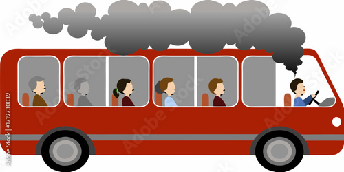 Red bus with passengers and driver emitting thick black smoke from engine suggesting mechanical failure