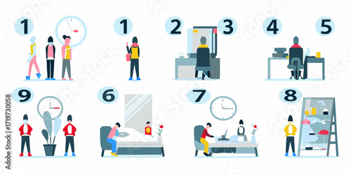 Daily routine infographic showing nine steps from waking up to getting ready for the day