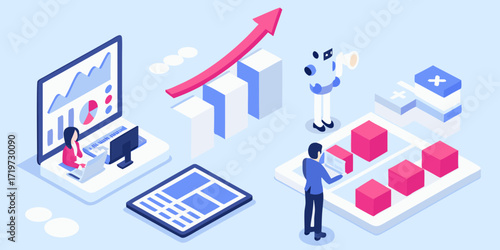 Isometric illustration of business analytics data visualization and financial growth with charts and people working
