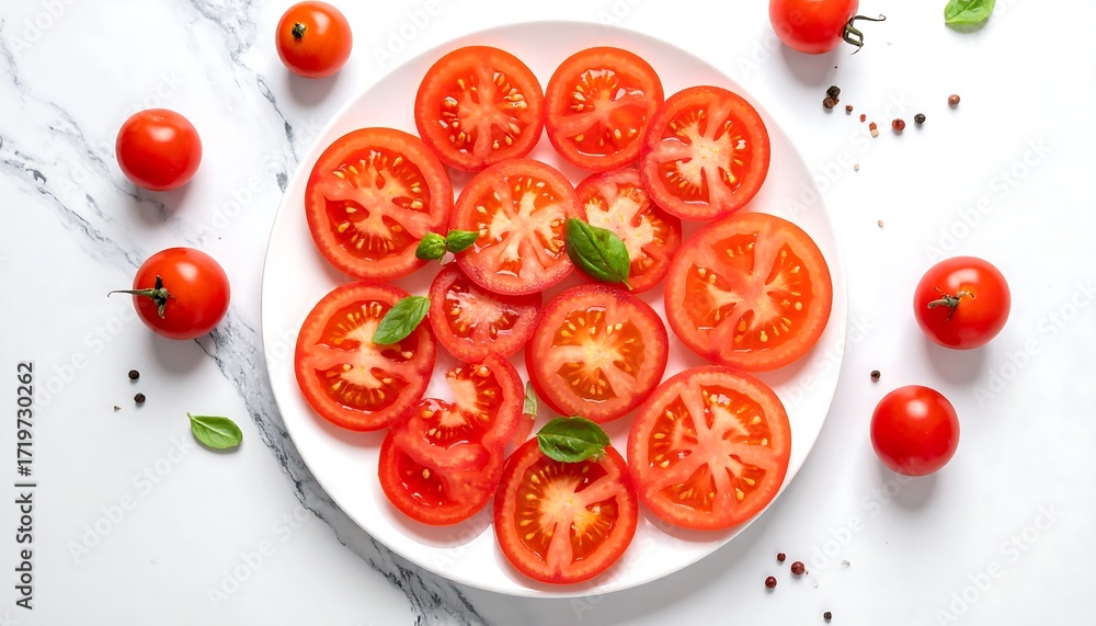 Fototapeta premium Sliced tomatoes on a plate, surrounded by whole tomatoes and basil