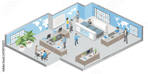 Isometric view of a modern office interior with people working and world maps on the walls