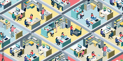Isometric view of a busy open plan office with diverse employees working at desks and collaborating
