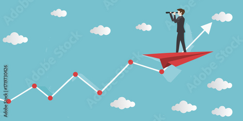 Businessman on a red paper airplane looking through a telescope at a rising graph against a blue sky with clouds