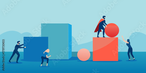 Teamwork and leadership concept with people moving geometric shapes and a superhero pushing a ball uphill