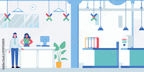 Modern office interior with reception desk employees computer plant and colorful binders on shelf