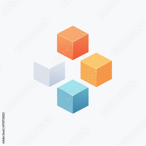 3D rendering of four colorful cubes in orange, blue, yellow, and gray hovering against a white background with a minimalist and modern feel.
