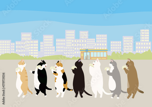 Wallpaper Mural コンビニで買った肉まんを食べながら散歩する7匹の猫 Torontodigital.ca