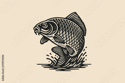 Carp engraving style black and white vector illustration