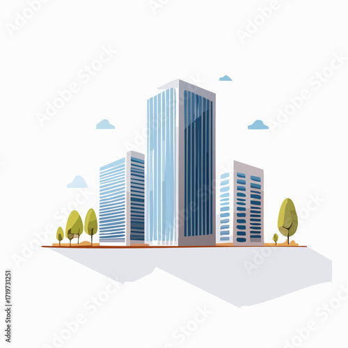 Illustration of a modern cityscape with sleek skyscrapers and trees on a floating island against a white background with blue clouds.