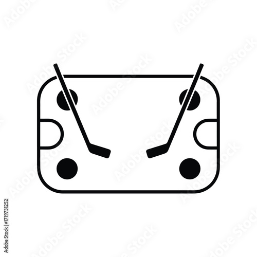 Simple black and white icon of a hockey rink with crossed sticks