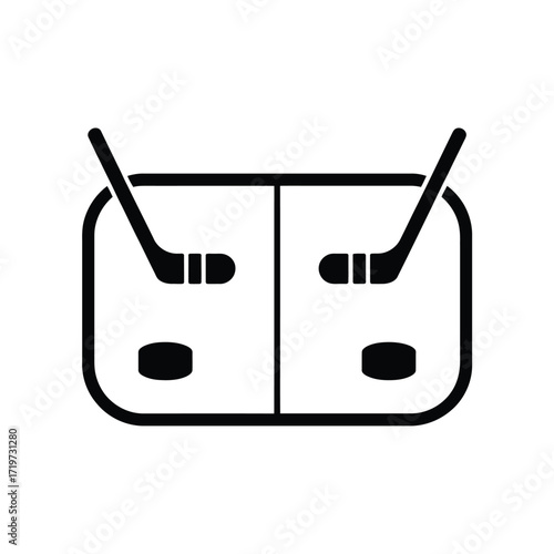 Simple black and white icon of a hockey rink with pucks and sticks