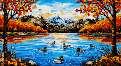 Serene lake scene with ducks swimming amidst vibrant autumn foliage and majestic mountains in the background, viewed from a distant shore, encapsulating the essence of eps art, file reference 1675.eps