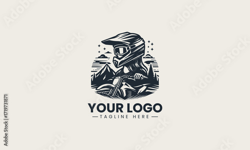 Bold motocross helmet design with a dirt bike rider and mountain landscape in a dynamic black vector logo