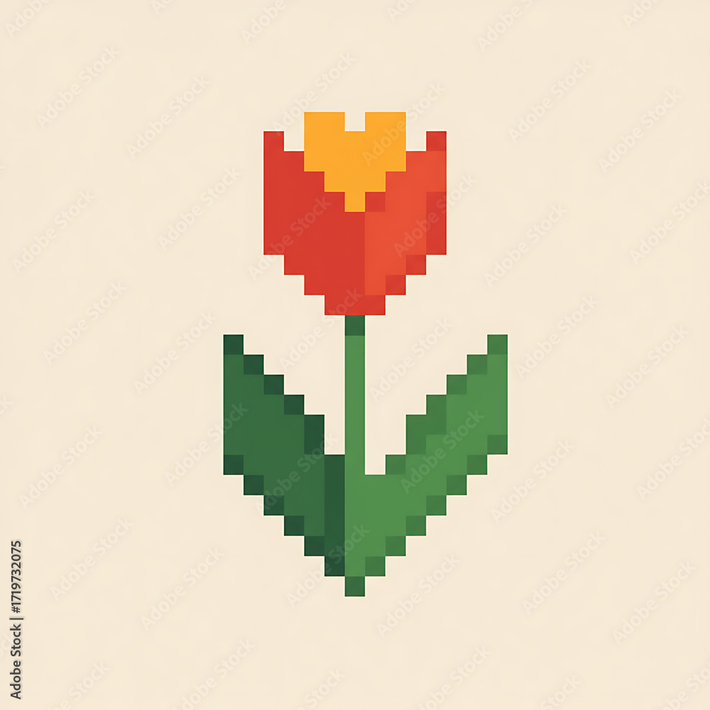Fototapeta premium Pixelated illustration of a single red tulip with yellow center and green stem.