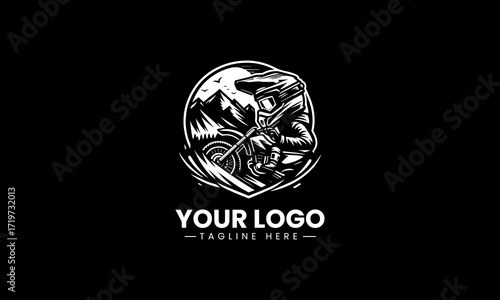 Bold motocross helmet design with a dirt bike rider and mountain landscape in a dynamic black vector logo