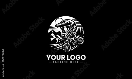 Bold motocross helmet design with a dirt bike rider and mountain landscape in a dynamic black vector logo