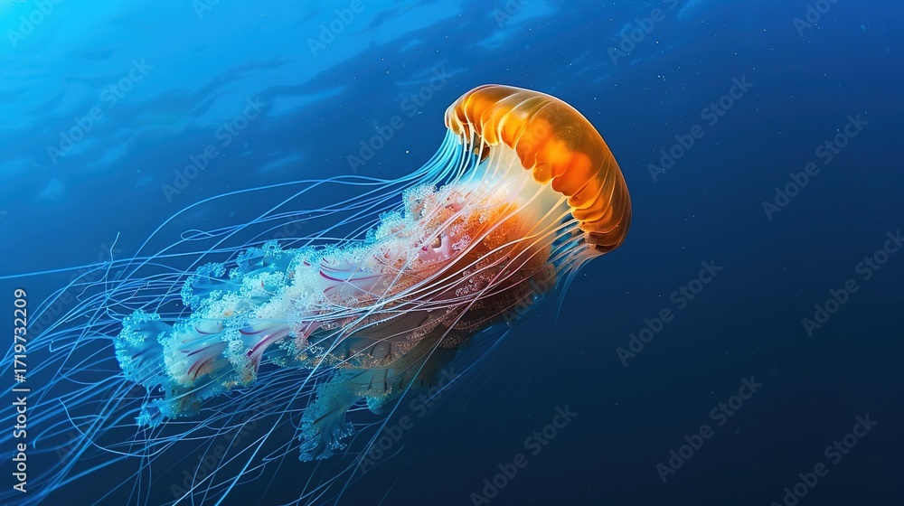 Fototapeta premium Majestic Lion's Mane Jellyfish Underwater: Adorned with Long, Hair-Like Tentacles and a Domed Bell, Gliding Gracefully Through Cold Ocean Waters or Deep Underwater Realms to Showcase Its Iconic Marine