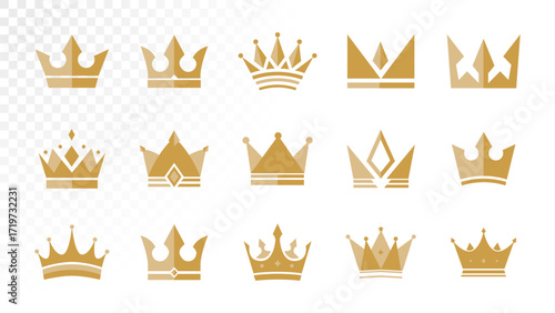 Collection of elegant golden crown icons in flat geometric style. Includes various royal crown designs with jewels, spikes, and symmetrical shapes.
