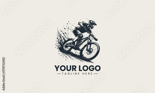 Dynamic mountain biker riding swiftly with an energetic splatter effect in a monochromatic vector illustration