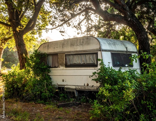 Aged campervan nestled in foliage