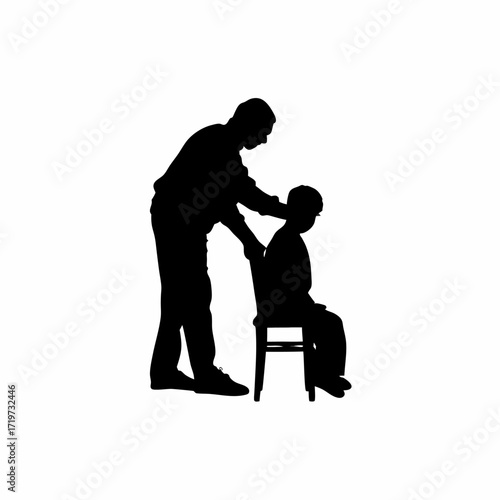 Silhouette of son helping father stand up from chair isolated on white background