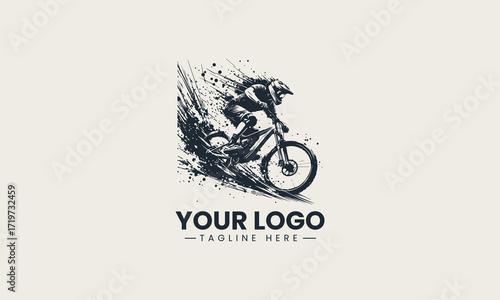 Dynamic mountain biker riding swiftly with an energetic splatter effect in a monochromatic vector illustration