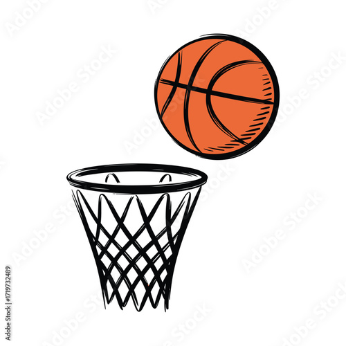 Orange basketball in mid air about to go into a net illustration