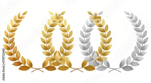Elegant Gold and Silver Laurel Wreaths on White Background for Celebrations and Awards