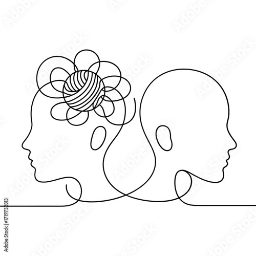 Continuous line drawing of two heads connected one with tangled thoughts and the other clear