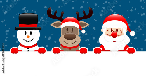 Schneemann Rentier Und Weihnachtsmann Halten Banner Schnee Dunkelblau