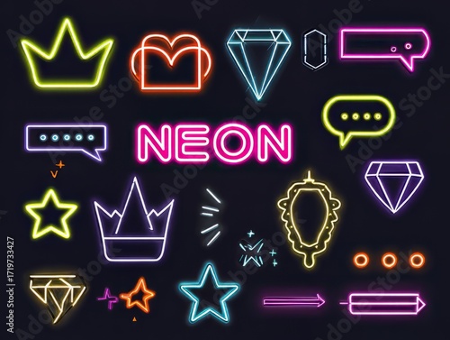 Colorful Neon Icons Set Featuring Crown Heart Diamond Speech Bubble Star and Arrow on Dark Background