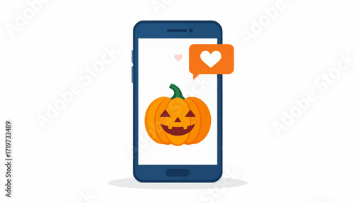 Digital Halloween celebration on a mobile phone screen featuring a cheerful jack-o'-lantern design, receiving a social media 'like' for festive online engagement