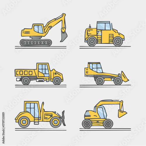 Collection of yellow construction vehicles and heavy machinery illustrations, including excavators, bulldozers, loaders, and trucks