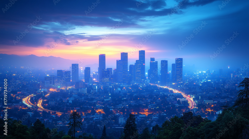Obraz premium A sprawling city skyline at twilight showcases modern skyscrapers, blue urban glow, bright vehicle light trails, and distant mountains.