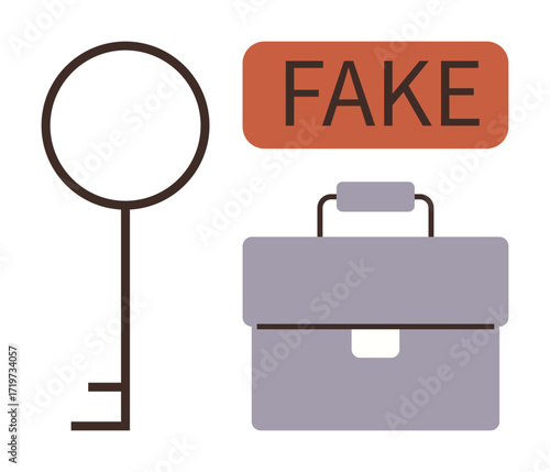 Key, briefcase and Fake text emphasize themes of fraud, forgery, access, deception. Ideal for fraud prevention, cybersecurity, identity verification, espionage access control business risks simple