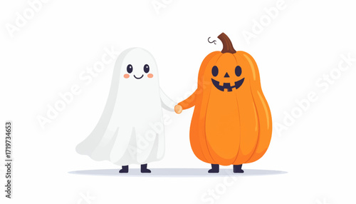 Charming Halloween friendship concept featuring a cute ghost and a smiling jack-o'-lantern holding hands. Adorable spooky characters isolated on white