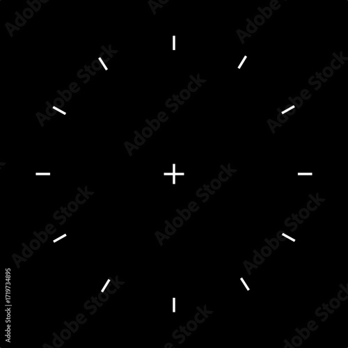 Minimalist clock face with white hour markers on black background. Vector illustration.