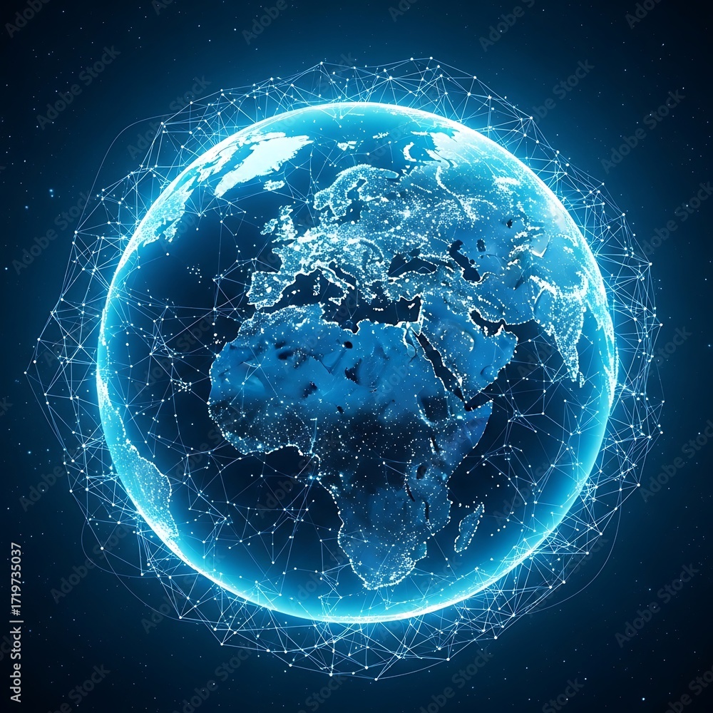 Obraz premium Interconnected World: A luminous global network highlighting Europe, Africa and the Middle East